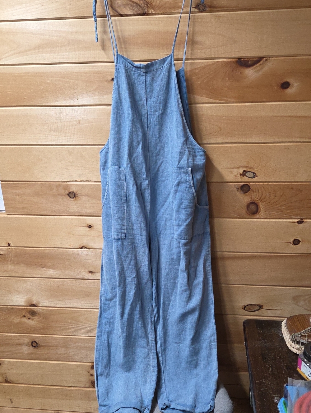 Love Stitch Light Blue Linen-Feel Wide-Leg Overalls